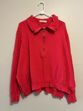 We The Free Bright Red Ribbed Half-Zip Pullover